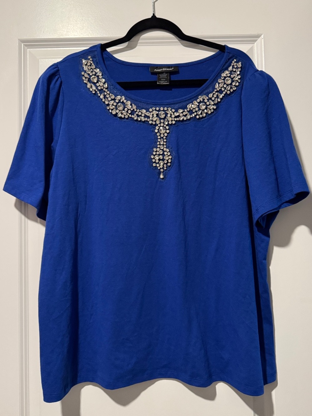 Ashley Stewart Cobalt Blue Short-Sleeve Tee with Jeweled Neckline